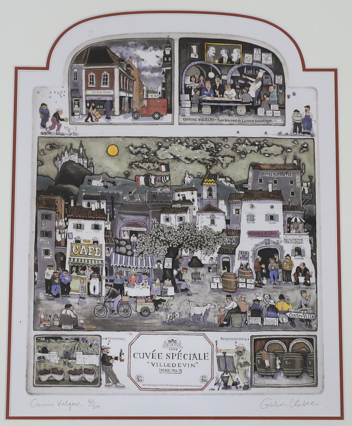 Graham Clarke (b.1941) set of three colour etchings, 'Ville de Vin' including 'Cuisine Vulgare', each signed in pencil and limited edition of 300, 49 x 38cm